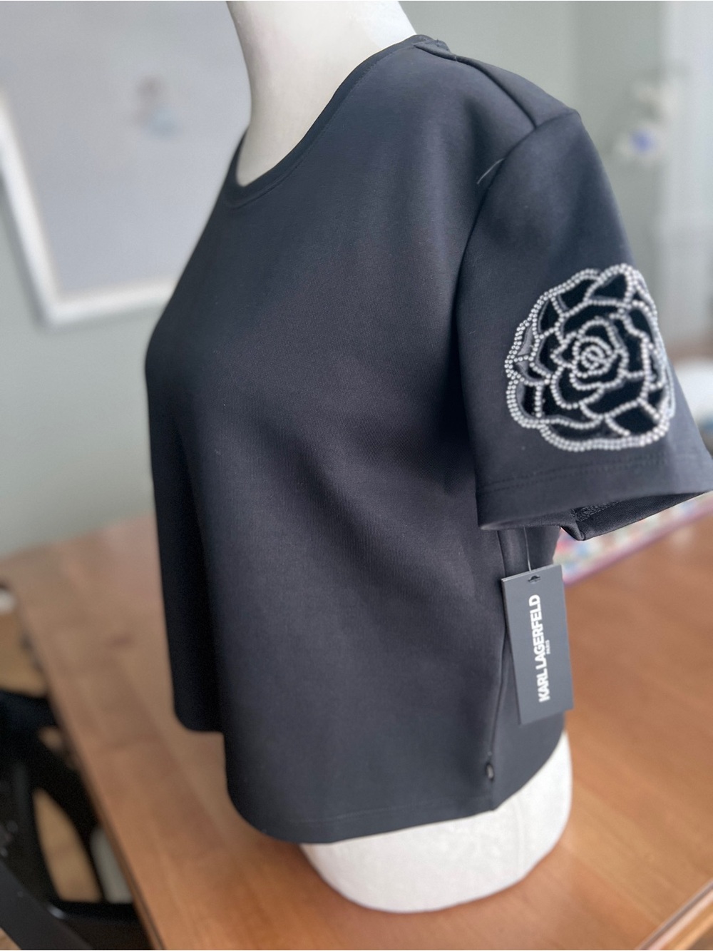 Black Short-Sleeve Embroidered Patch Tee - Women